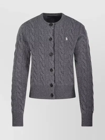Ralph Lauren Cable Knit Cardigan Ribbed Finish In Gray