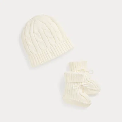 Ralph Lauren Babies'  Cable-knit Cotton Beanie & Bootie Set In Brown