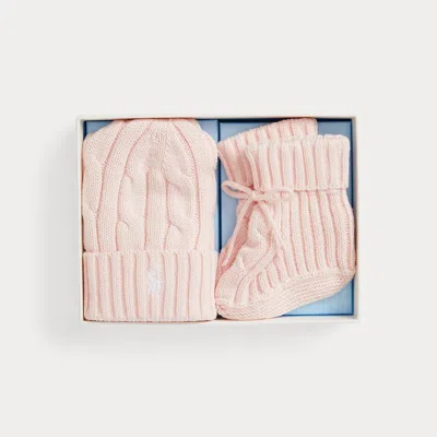 Ralph Lauren Babies'  Cable-knit Cotton Beanie & Bootie Set In Pink