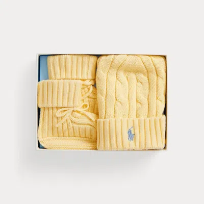 Ralph Lauren Babies'  Cable-knit Cotton Beanie & Bootie Set In Yellow