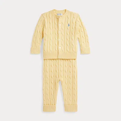 Ralph Lauren Babies'  Cable-knit Cotton Cardigan & Pant Set In Nude