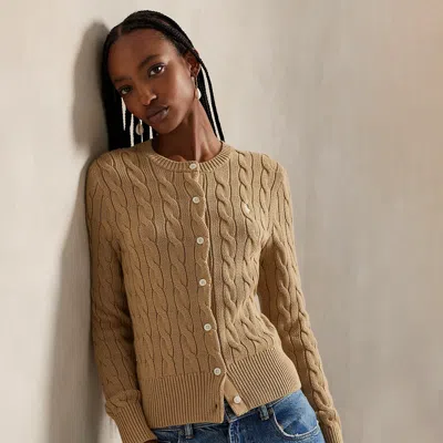 Ralph Lauren Cable-knit Cotton Crewneck Cardigan In Gold