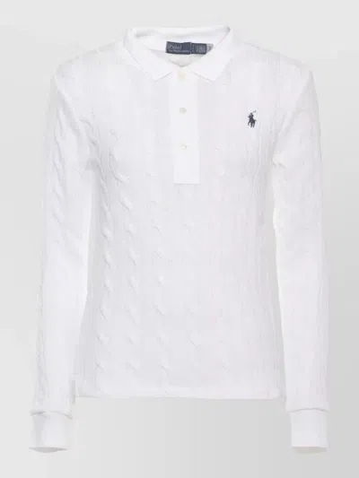 Ralph Lauren Cable Knit Cotton Long Sleeve Polo Shirt In White
