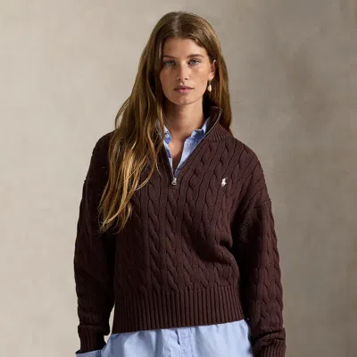 Ralph Lauren Cable-knit Cotton Quarter-zip Sweater In Brown