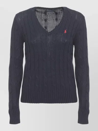 Ralph Lauren Cable Knit Cotton Sweater V Neck In Blue