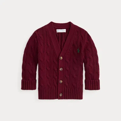 Ralph Lauren Babies'  Cable-knit Cotton V-neck Cardigan In Burgundy