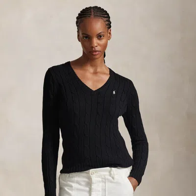 Ralph Lauren Cable-knit Cotton V-neck Sweater In Black