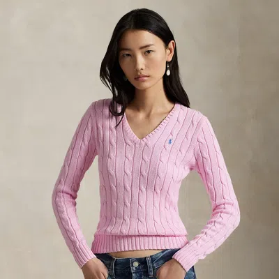 Ralph Lauren Cable-knit Cotton V-neck Sweater In Pink