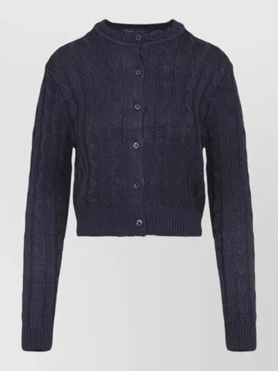Ralph Lauren Cable Knit Cropped Cardigan Ribbed Trim In Blue