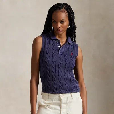 Ralph Lauren Cable-knit Cropped Polo Shirt In Newport Navy