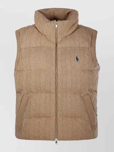 Ralph Lauren Cable Knit High Neck Sleeveless Coat In Brown
