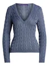 Ralph Lauren Silk Cable-knit V-neck Sweater In Blau