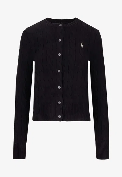 Ralph Lauren Cable Knit Logo Cardigan In Black