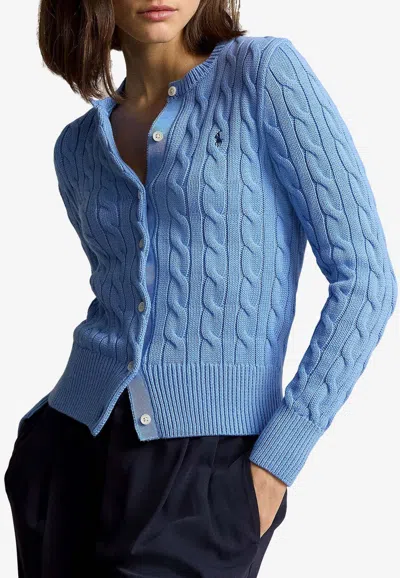 Ralph Lauren Cable Knit Logo Cardigan In Blue