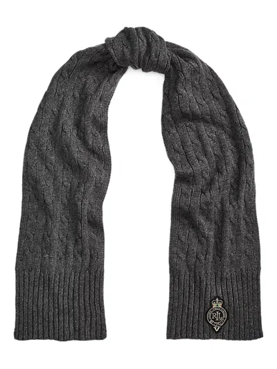 Ralph Lauren Cable-knit Logo-patch Scarf In Gray