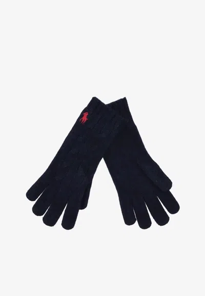 Ralph Lauren Cable Knit Logo Wool Gloves In Blue
