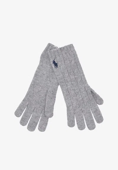 Ralph Lauren Cable Knit Logo Wool Gloves In Gray