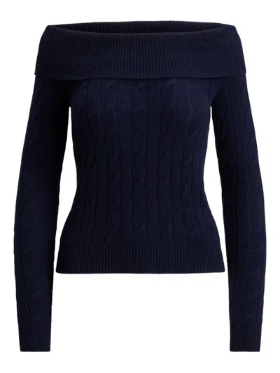 Ralph Lauren Cable-knit Off-the-shoulder Sweater In Blue