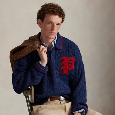 Ralph Lauren Cable-knit Polo-collar Letter Sweater In Blue
