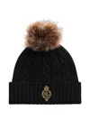Ralph Lauren Crest-patch Pom-pom Cable-knit Beanie In Black