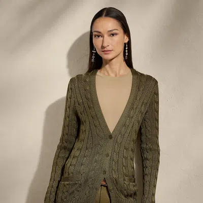 Polo Ralph Lauren Cable-knit Silk Cardigan Sweater In Moss