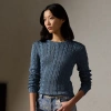 Ralph Lauren High Shine Silk Cable Knit Crewneck Sweater In Antique Blue