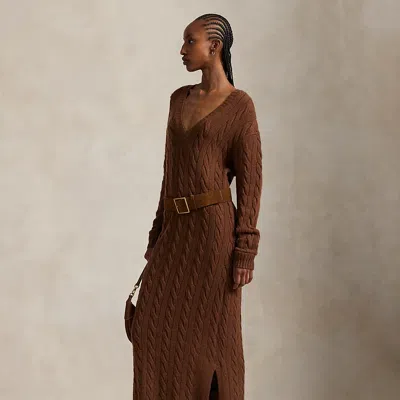 Ralph Lauren Cable-knit V-neck Sweater Dress In Brown