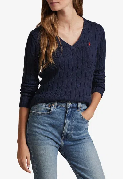 Ralph Lauren Cable Knit V-neck Sweater In Blue