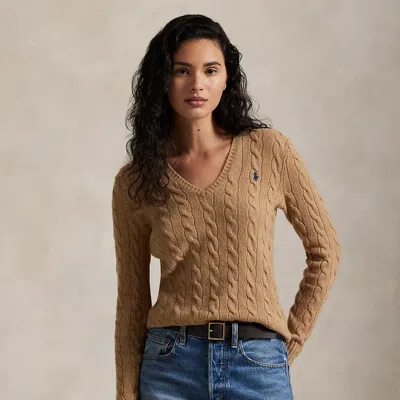 Ralph Lauren Cable-knit Wool-cashmere V-neck Sweater In Brown