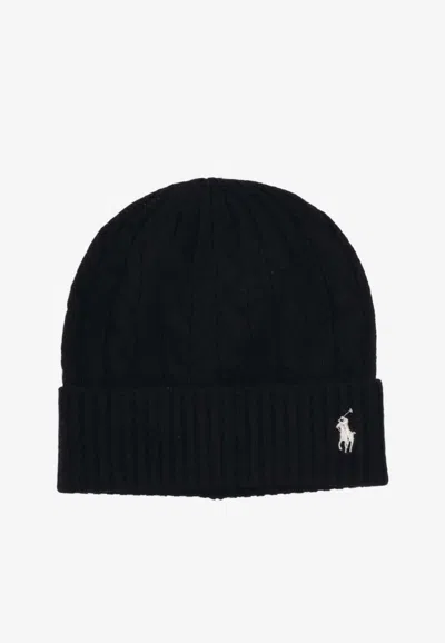 Ralph Lauren Cable Knit Wool Logo Beanie In Black