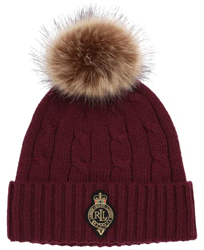 Ralph Lauren Cable Pom Beanie Hat In Burgundy
