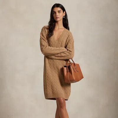 Ralph Lauren Cable Wool-cashmere V-neck Sweater Dress In Brown