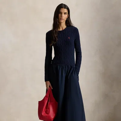 Polo Ralph Lauren Cable-knit Bodice Cotton Dress In Hunter Navy In Blue