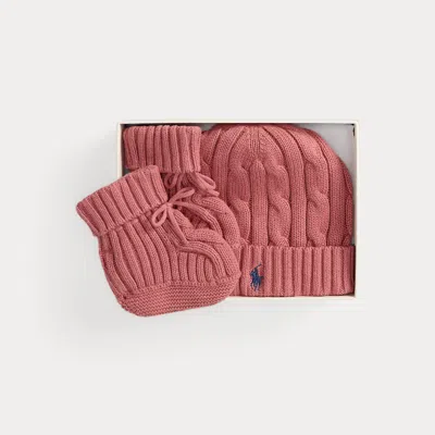 Ralph Lauren Babies' Cable-knit Cotton Beanie & Bootie Set In Canvas Pink In Brown