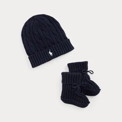 Ralph Lauren Babies' Cable-knit Cotton Beanie & Bootie Set In Navy In Black