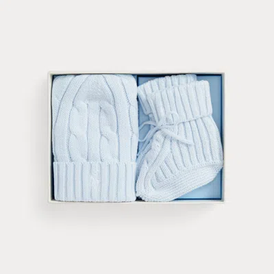 Ralph Lauren Babies' Cable-knit Cotton Beanie & Bootie Set In Pearl Blue