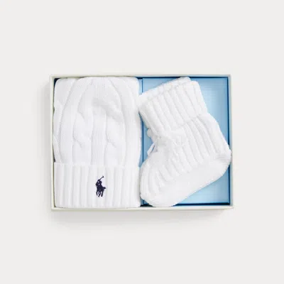 Ralph Lauren Babies' Cable-knit Cotton Beanie & Bootie Set In White In Brown