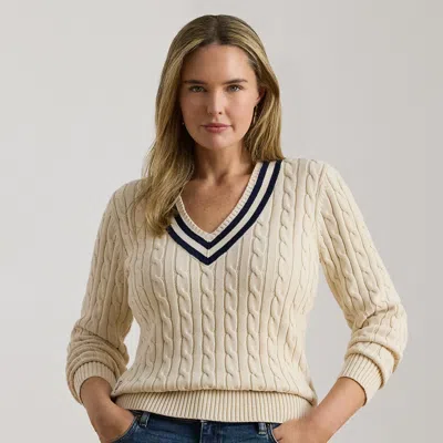 Ralph Lauren Cable-knit Cotton Cricket Sweater In Mascarpone Cream/navy In White