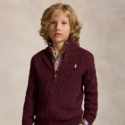 Ralph Lauren Kids' Cable-knit Cotton Full-zip Sweater In Rich Ruby In Burgundy