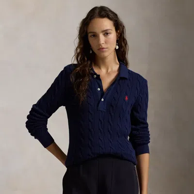 Polo Ralph Lauren Cable-knit Cotton Long-sleeve Polo Shirt In Newport Navy In Blue