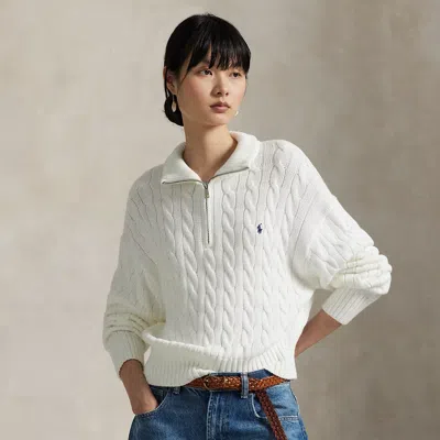 Polo Ralph Lauren Cable-knit Cotton Quarter-zip Sweater In Hunter Navy In White