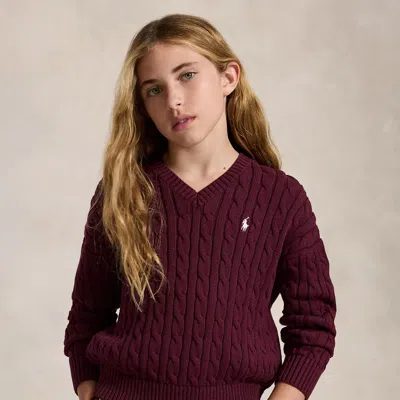 Ralph Lauren Kids' Cable-knit Cotton V-neck Sweater In Rich Ruby In Burgundy