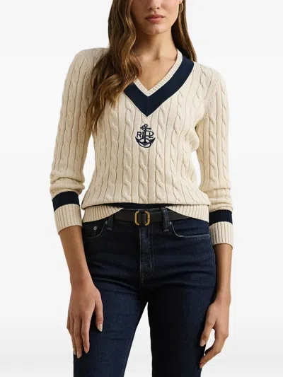 Ralph Lauren Cable-knit Logo-embroidered Sweater In Neutral