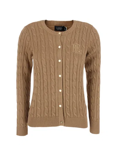 Ralph Lauren Cable-knit Monogram-embroidered Cardigan In Brown