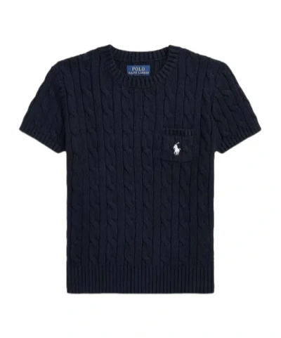 Ralph Lauren Kids' Cable-knit Pocket Short-sleeved Jumper In Blue