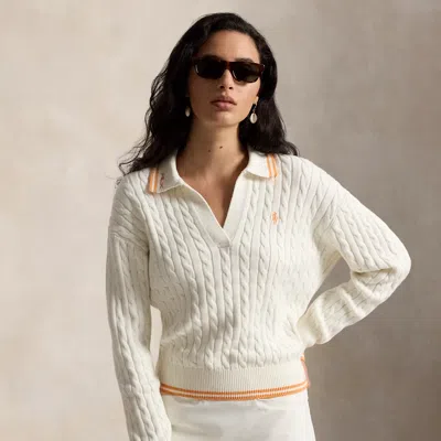 Ralph Lauren Cable-knit Polo-collar Sweater In White Splash Multi