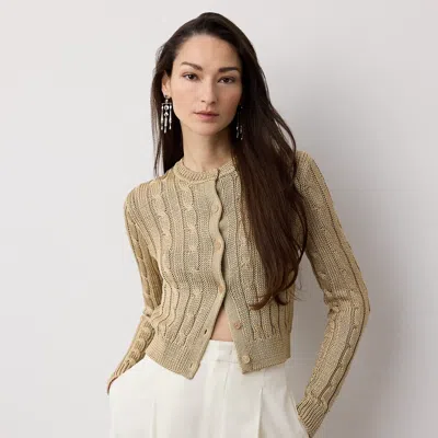Ralph Lauren Cable-knit Silk Cropped Cardigan In Light Tan In Brown