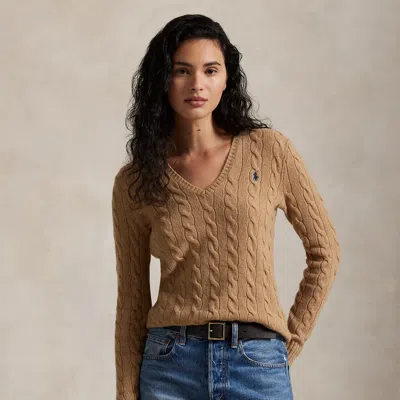 Polo Ralph Lauren Cable-knit Wool-cashmere V-neck Sweater In Collection Camel Melange In Brown