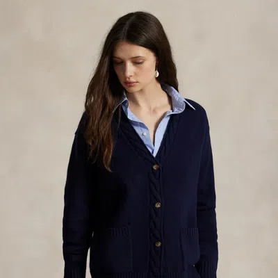 Ralph Lauren Cable-trim Wool-cashmere Cardigan In Hunter Navy In Blue