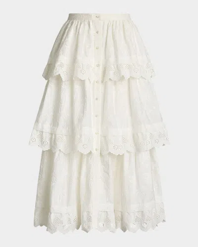Ralph Lauren Caitlin Tiered Embroidered Cotton Poplin Midi Skirt In Antq White